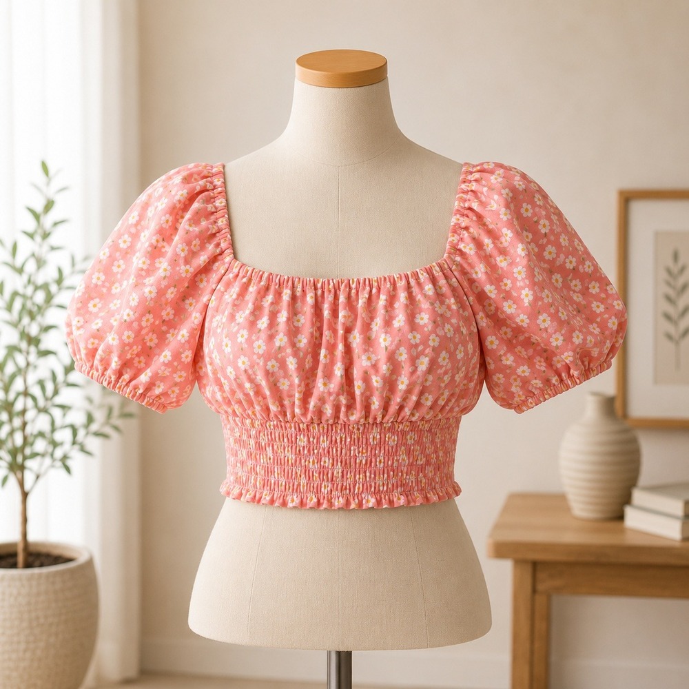 Billabong‎ Floral Puff Sleeve Crop Top Womens Large Pink Smocked Square Neck